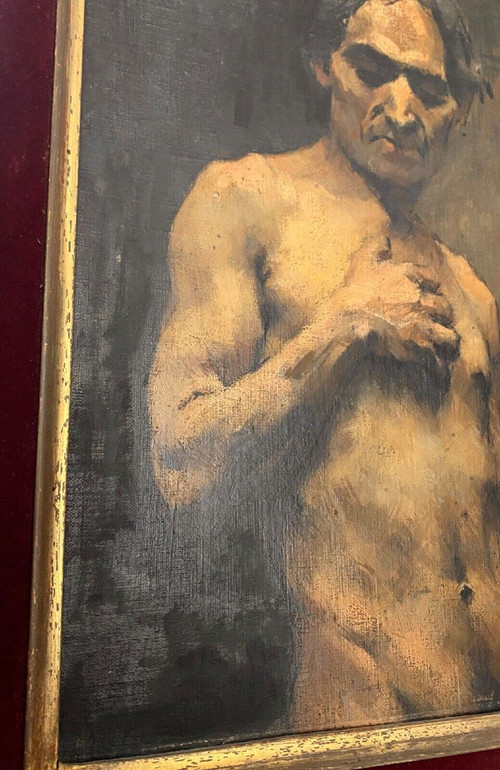 Huile sur panneau par Alain Beaufreton nu académique homme