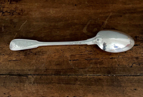 Solid silver stew spoon, 18th century shell model with coat of arms