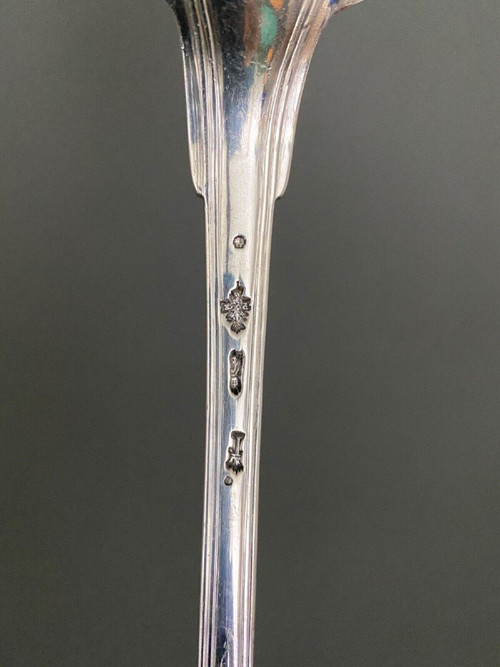 Solid silver stew spoon, 18th century shell model with coat of arms