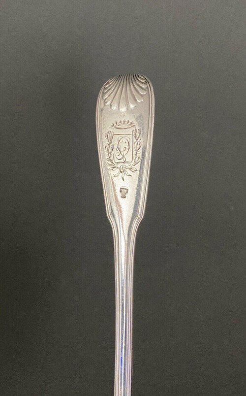 Solid silver stew spoon, 18th century shell model with coat of arms