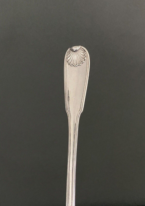 Solid silver stew spoon, 18th century shell model with coat of arms
