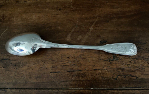 Solid silver stew spoon, 18th century shell model with coat of arms
