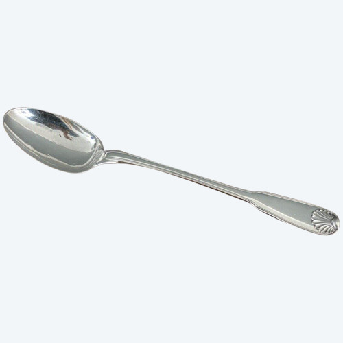 Solid silver stew spoon, 18th century shell model with coat of arms