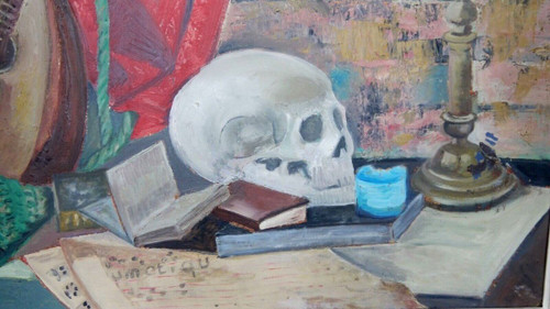 Oil on cardboard still life with mandolin and skull