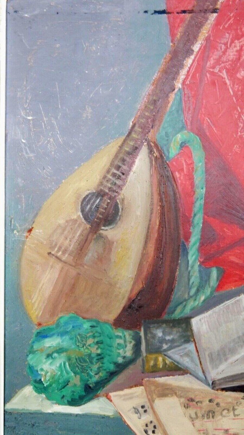 Oil on cardboard still life with mandolin and skull