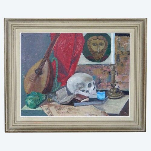 Oil on cardboard still life with mandolin and skull