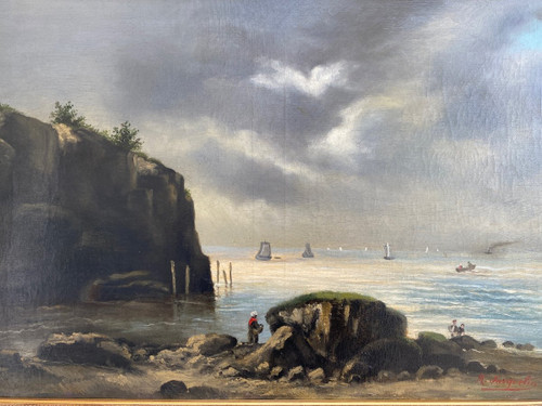 Huile Sur Toile Signée, Paysage Marin Fin XIXème, Cadre Barbizon