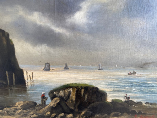 Huile Sur Toile Signée, Paysage Marin Fin XIXème, Cadre Barbizon