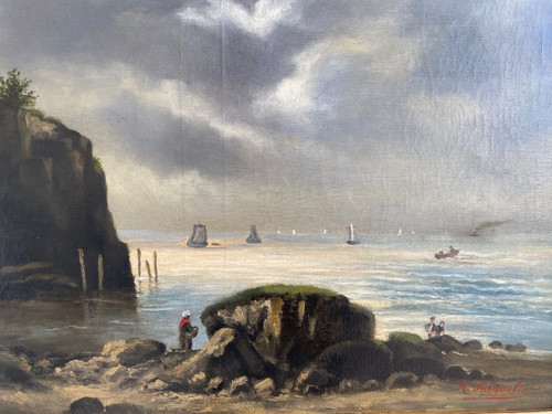 Huile Sur Toile Signée, Paysage Marin Fin XIXème, Cadre Barbizon