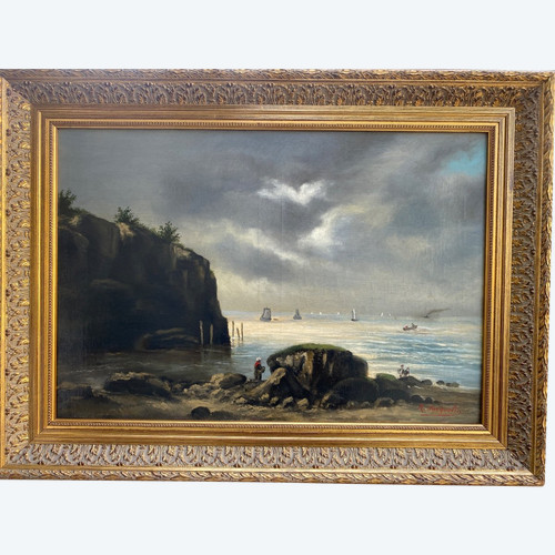 Huile Sur Toile Signée, Paysage Marin Fin XIXème, Cadre Barbizon