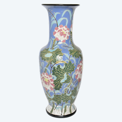 Importante vaso in ceramica smaltata con decoro floreale (H=102,5cm) 