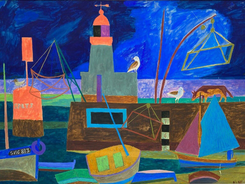 Watercolor and gouache on paper by M. Le Petit marine décor art naïf 1960