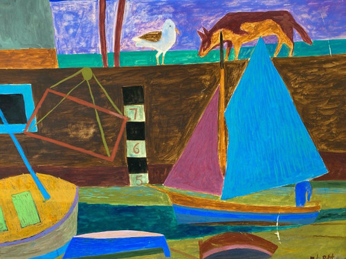 Watercolor and gouache on paper by M. Le Petit marine décor art naïf 1960