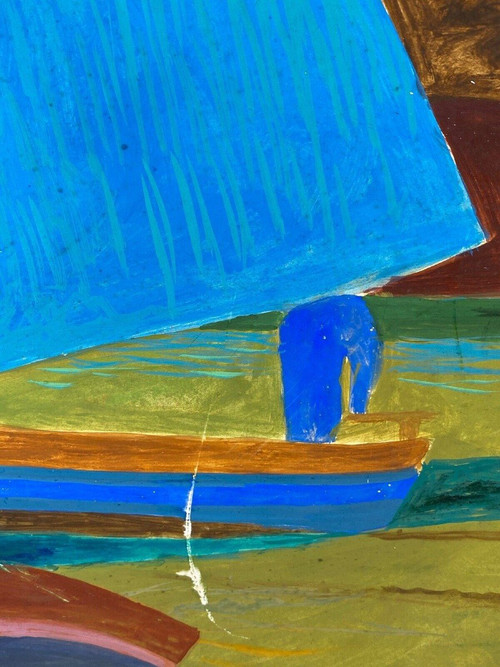 Watercolor and gouache on paper by M. Le Petit marine décor art naïf 1960