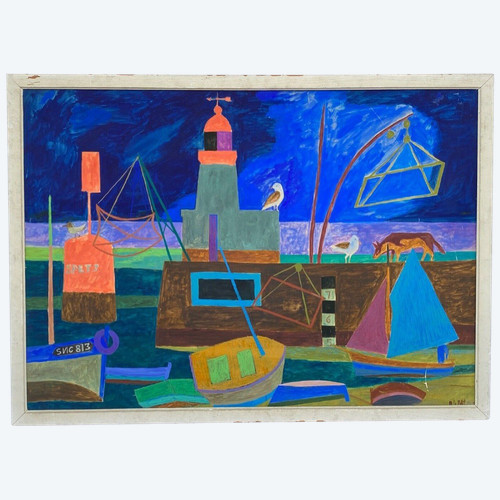 Watercolor and gouache on paper by M. Le Petit marine décor art naïf 1960
