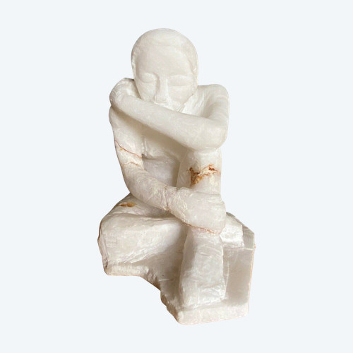 Sculpture en taille directe en pierre onyx femme agenouillée XXe 
