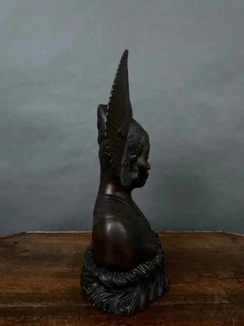 Balinese Indochinese dancer bust bronze peacock wheel crown