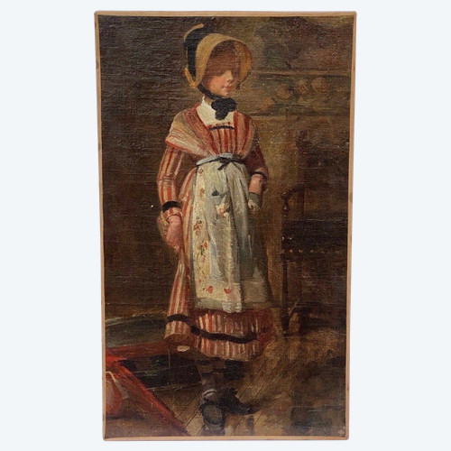 Ritratto ad olio su tela di una ragazza in piedi in costume d'epoca