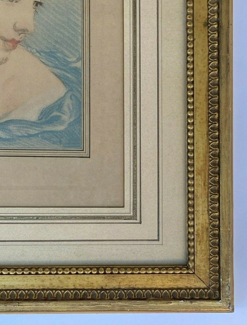 Incisione di Mignon-Massart Donna del XVIII secolo, cornice dorata e perlata
