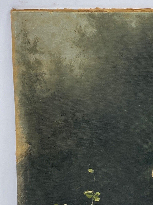 Olio su tavola giovane ragazza con brocca fine XIX secolo Barbizon sottobosco