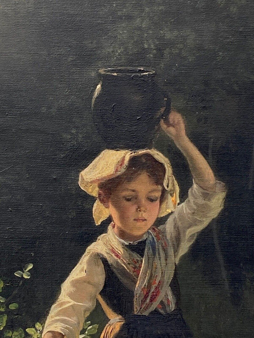 Olio su tavola giovane ragazza con brocca fine XIX secolo Barbizon sottobosco