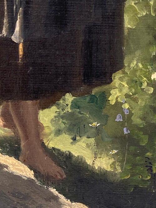 Olio su tavola giovane ragazza con brocca fine XIX secolo Barbizon sottobosco