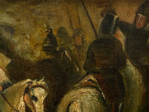 Öl auf Tafel rote Initialen WP Schlachtszene