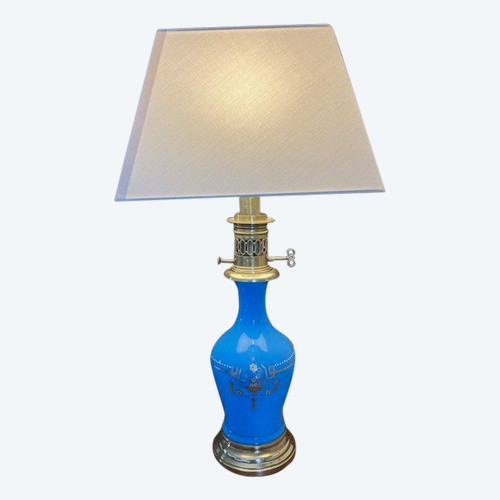 Very beautiful old lamp in blue opaline and gilded bronze from the Charles X period