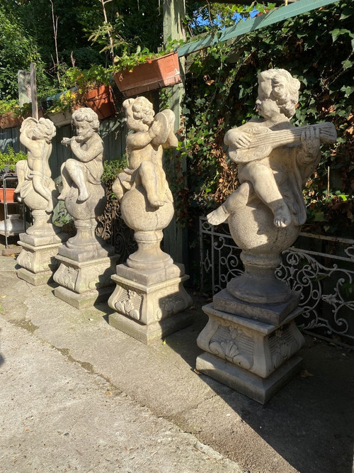 4 Statues De Jardin / Anges Musiciens En Pierre Reconstituée