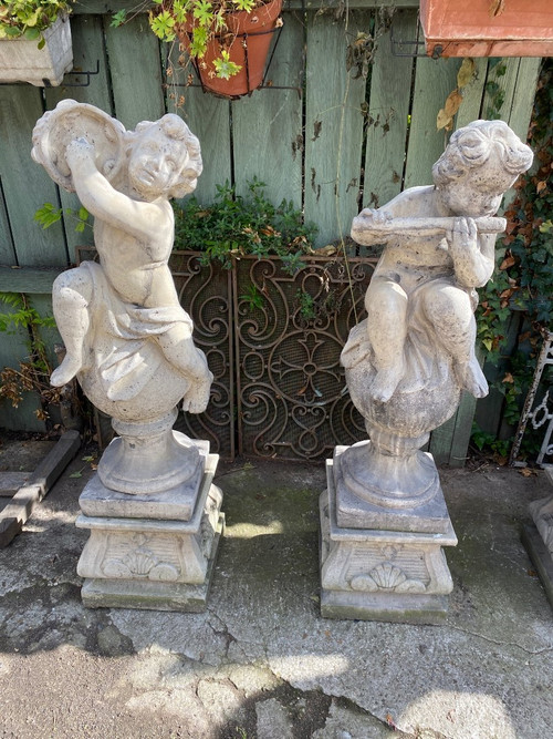 4 Statues De Jardin / Anges Musiciens En Pierre Reconstituée