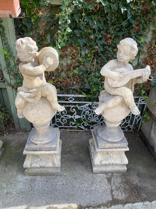 4 Statues De Jardin / Anges Musiciens En Pierre Reconstituée
