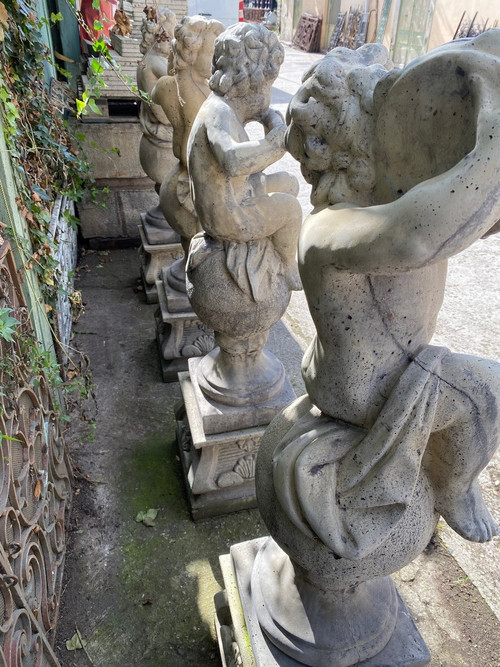 4 Statues De Jardin / Anges Musiciens En Pierre Reconstituée