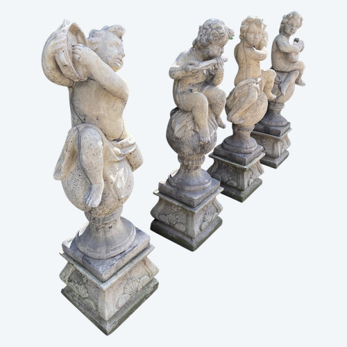 4 Statues De Jardin / Anges Musiciens En Pierre Reconstituée