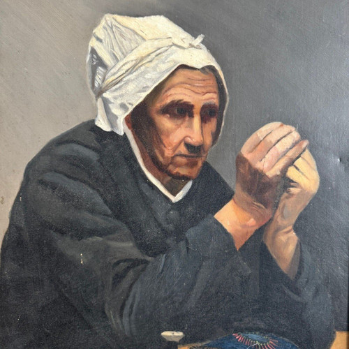 Öl auf Leinwand von M. Dorion 1893 Porträt einer Bretonin bei der Arbeit