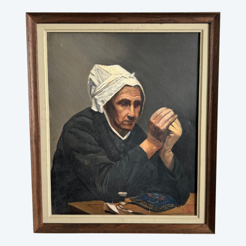 Öl auf Leinwand von M. Dorion 1893 Porträt einer Bretonin bei der Arbeit