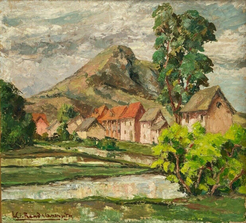 Olio su cartoncino di Jules-Claude Randriamampita (1913-1968) montagne
