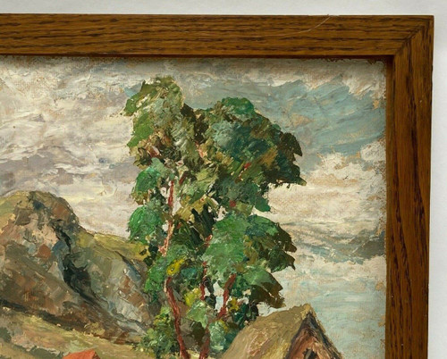 Olio su cartoncino di Jules-Claude Randriamampita (1913-1968) montagne