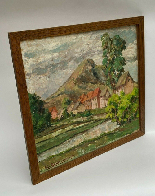 Olio su cartoncino di Jules-Claude Randriamampita (1913-1968) montagne