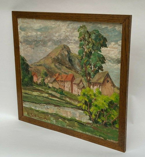 Olio su cartoncino di Jules-Claude Randriamampita (1913-1968) montagne