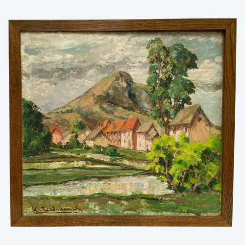 Olio su cartoncino di Jules-Claude Randriamampita (1913-1968) montagne