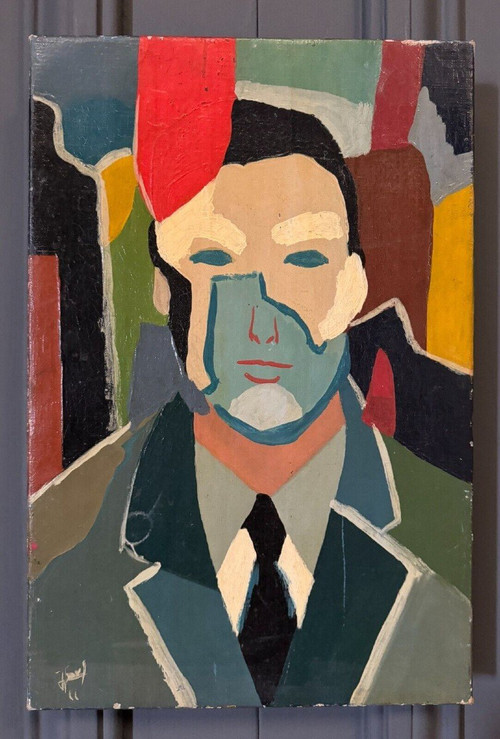 Olio su tela di Jower 1966 composizione moderna uomo con cravatta