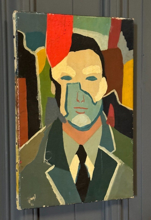 Olio su tela di Jower 1966 composizione moderna uomo con cravatta