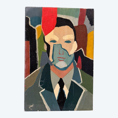 Olio su tela di Jower 1966 composizione moderna uomo con cravatta