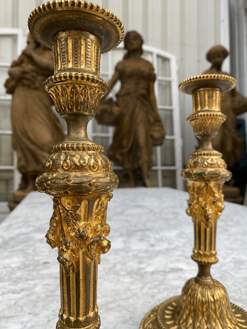 Pair Of Louis XVI Style Candlesticks / Flambeaux In Gilt Bronze, 19th Century