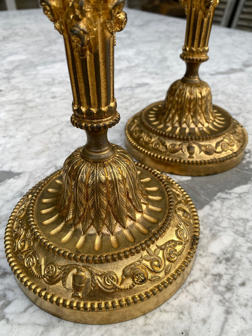 Pair Of Louis XVI Style Candlesticks / Flambeaux In Gilt Bronze, 19th Century