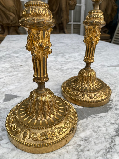 Pair Of Louis XVI Style Candlesticks / Flambeaux In Gilt Bronze, 19th Century