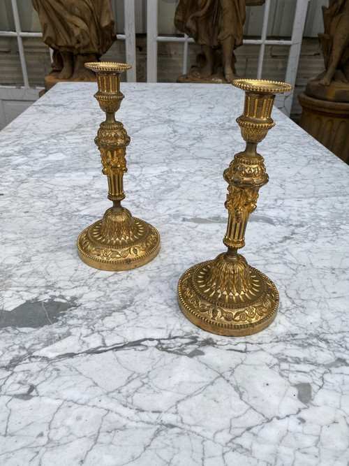 Pair Of Louis XVI Style Candlesticks / Flambeaux In Gilt Bronze, 19th Century