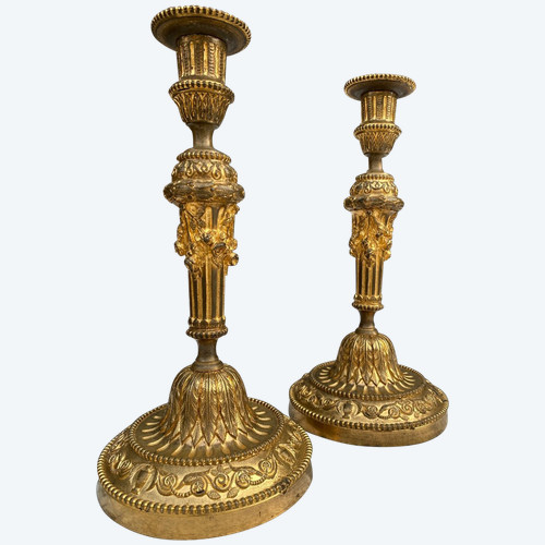 Pair Of Louis XVI Style Candlesticks / Flambeaux In Gilt Bronze, 19th Century