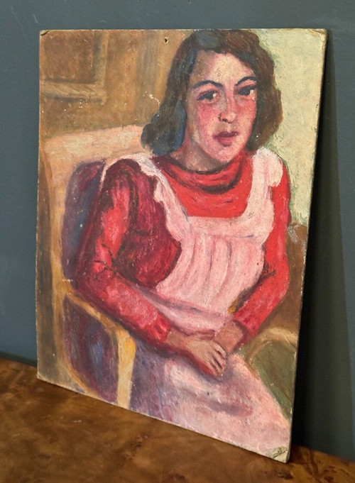 Oil on panel young girl with pink apron 1940 Guillot de Raffaillac