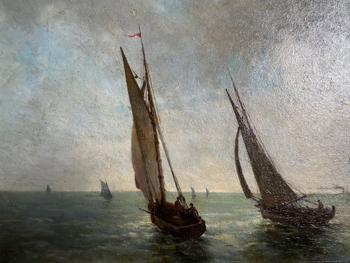 Schöne Marine Auf Mahagoniplatte 19. Jahrhundert, signiert, Goldener Rahmen, Segelboote, Schiffe...
